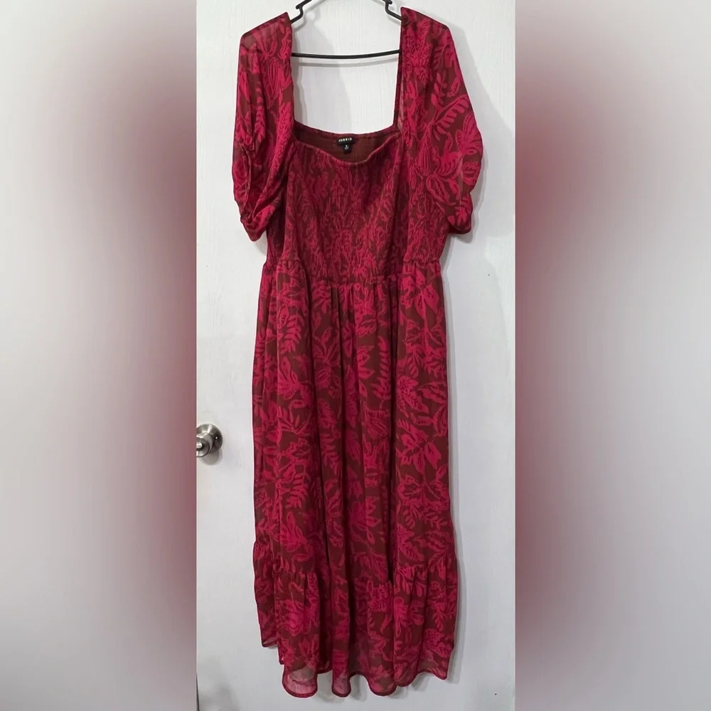 Torrid Tea Length Smocked Bodice A-Line Leaf Print Dress Size 3x